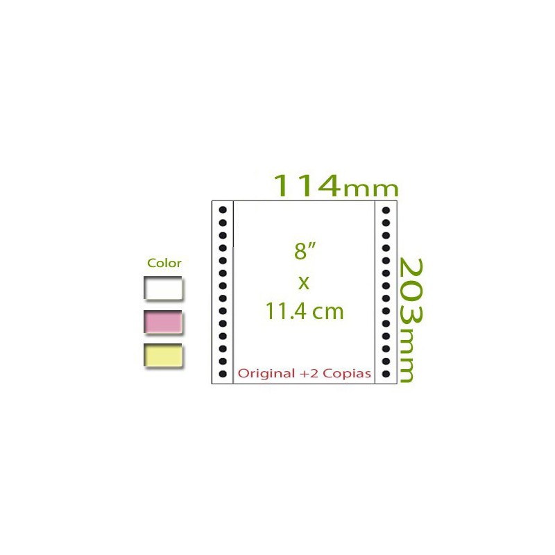 Papel Continuo Autocopiativo blanca/rosa/amarilla 8"x11.4 cm 3 tantos (Caja 2000 hojas)